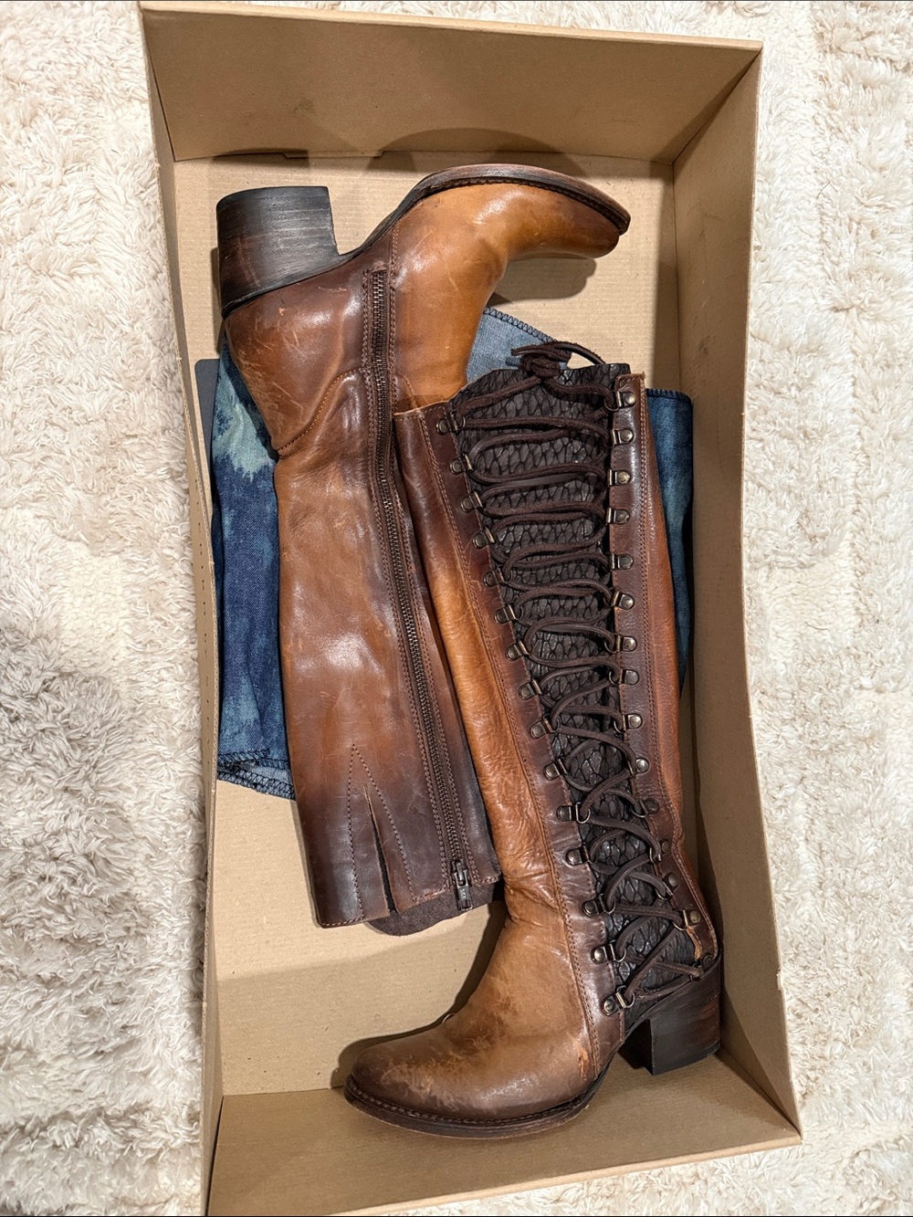 freebird Brown Leather Lace-Up Knee-High Heeled Boots